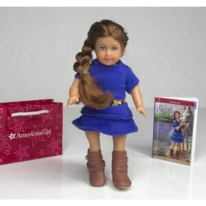 American Girl Saige Mini Doll 6.5" Meet Outfit Dress Panties Boots Book Bag